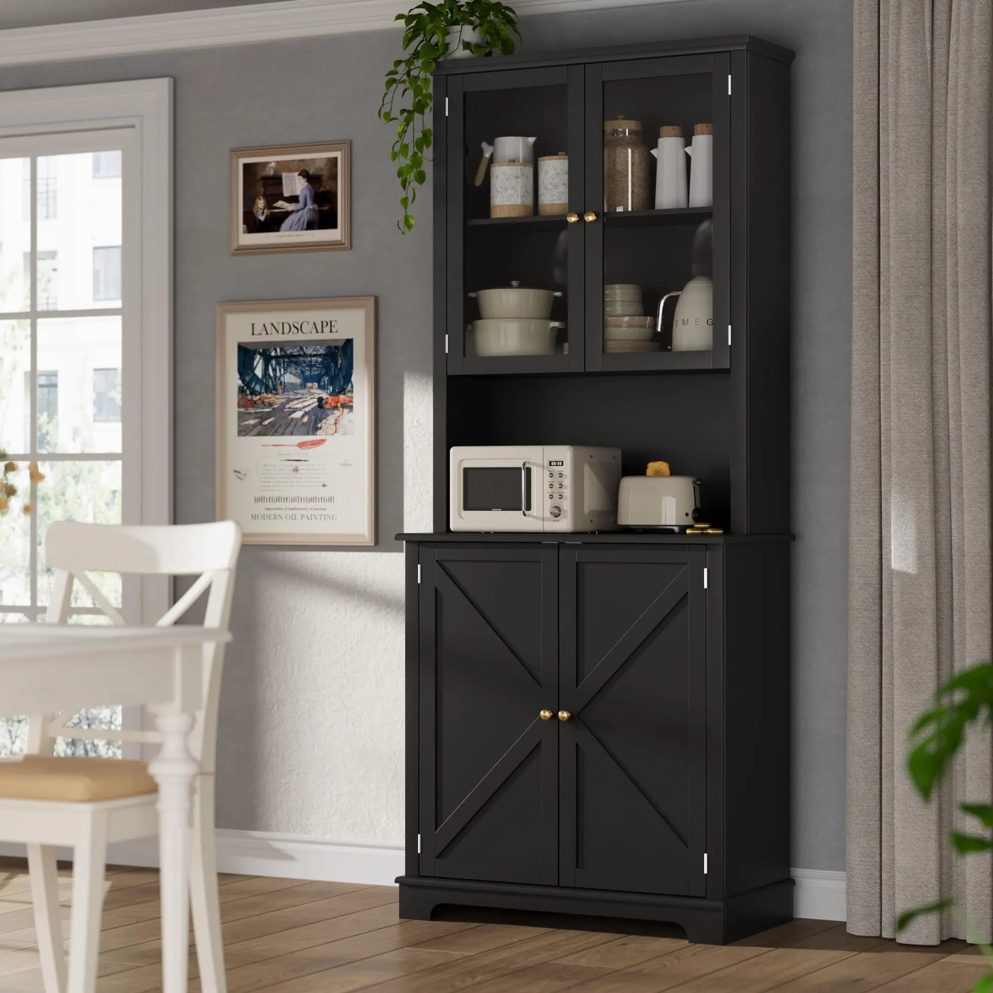 Freestanding Kitchen Hutch Cabinet with Glass Doors, Charging Station & LED Lights,Wide Pantry Storage, Open Counter Shelf, Double Lower Doors