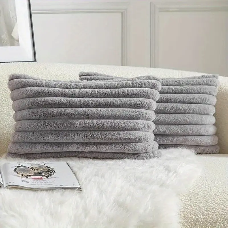 Light Plush Faux Fur Pillowcases Set, Bed Linens, 20x30 Inches, Elegant Striped Texture, Modern Style, Sofa Bed Living Room Decor