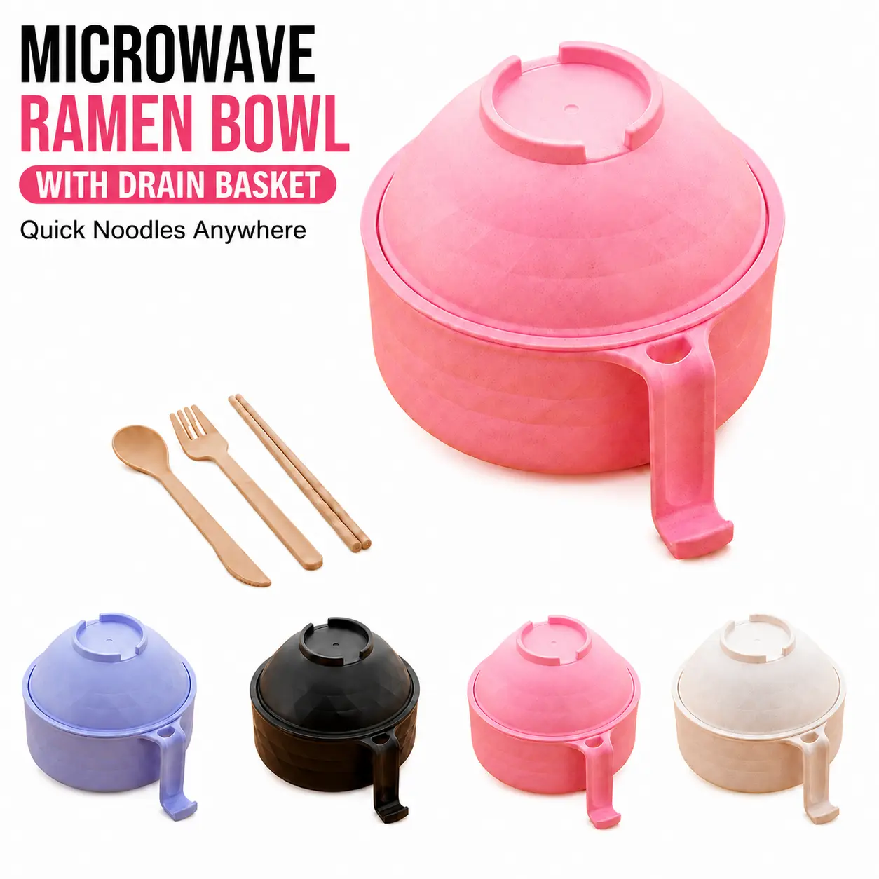 MIUVA  Microwave Ramen Cooker with Chopsticks Portable Noodle Bowl with Lid and Drain Basket Large Capacity Soup Container for Dorm Office Travel and Home