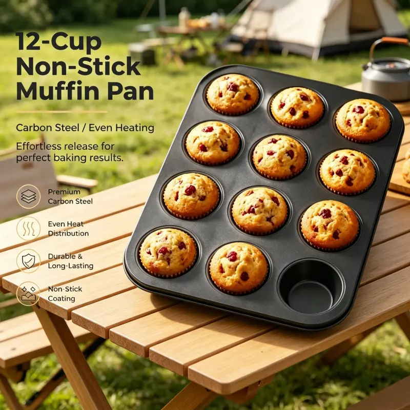 12 Cavity Non Stick Muffin Tray Premium Carbon Steel Construction Uniform Heat Bake Perfect Cupcakes Easy Release Design