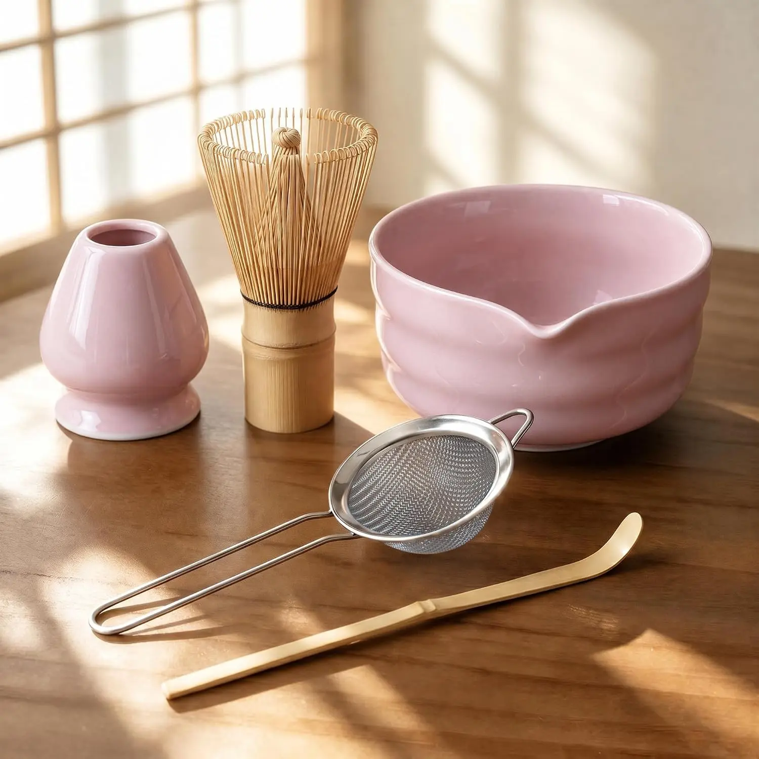 Matcha Whisk Set with Elegant Pink Ceramic Bowl - Complete Matcha Making Kit, Bamboo Whisk (Chasen), Holder, Matcha Sifter, Scoop, Traditional Tea Ceremony Tools