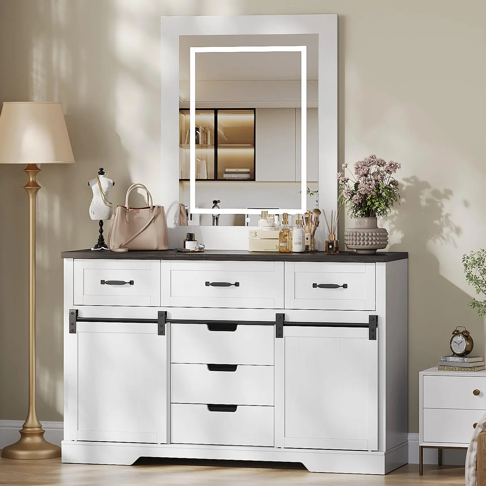 GARVEEModern Rustic Farmhouse Dresser with 6 Drawers, Sliding Barn Doors, and Lighted Mirror - White Finish Chest of Drawers for Bedroom and Living Room, Versatile Makeup Vanity and Storage Organizer