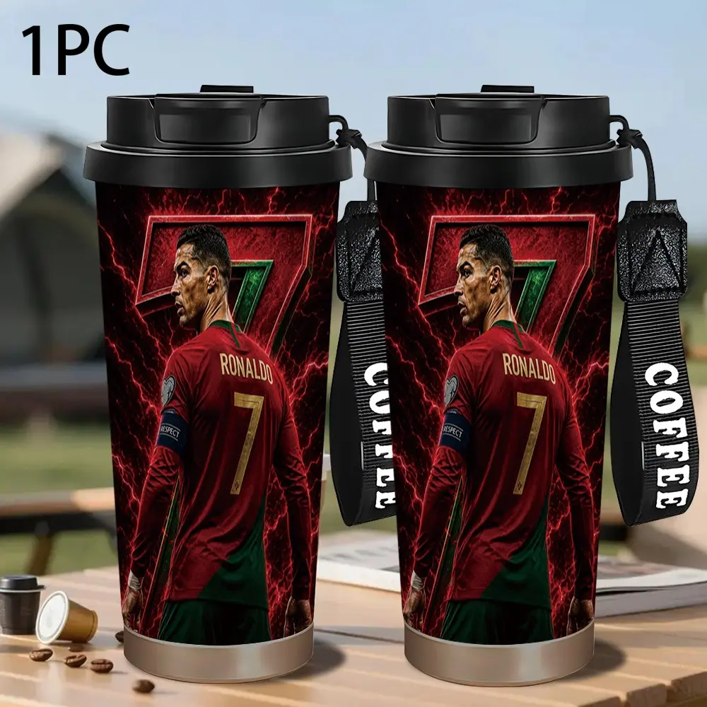 1pc 18oz football-themed portable coffee cup with snap lid, lock for temperature control, no leakage, durable stainless steel water cup for travel and storage