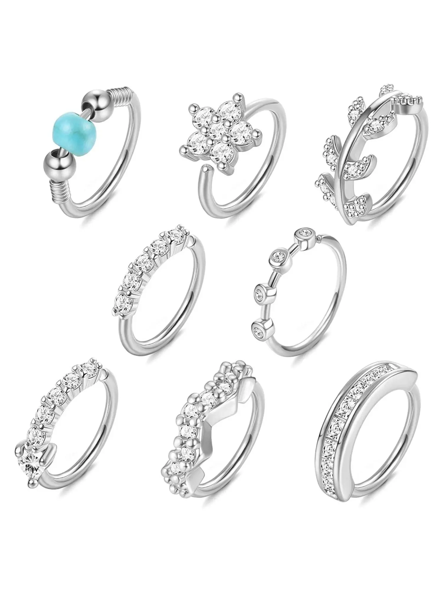 8 Pcs Silvery Multi-Style Zirconia Turquoise Stainless Steel Nose Ring Hoop Multipack, Helix Cartilage Piercing, for Unisex Clicker Hoop Styles Ideal Versatile Piercing Set for Nostril Septum Helix Stacking Dainty Nose Jewelry Gift for Piercing Lovers