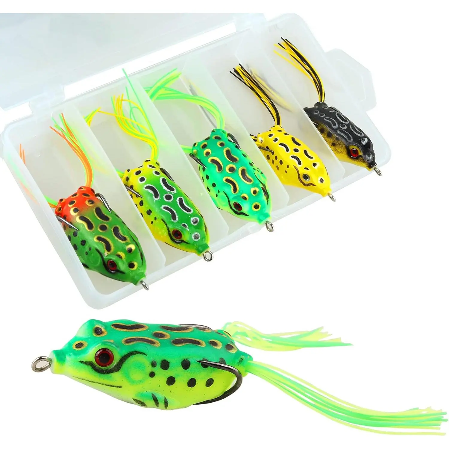 5PCS Topwater Frog Lures Set with Box, Realistic Soft Hollow Body Fishing Lures for Bass Snakehead Pike Bowfin, Weedless Freshwater Simulated Frog Baits
