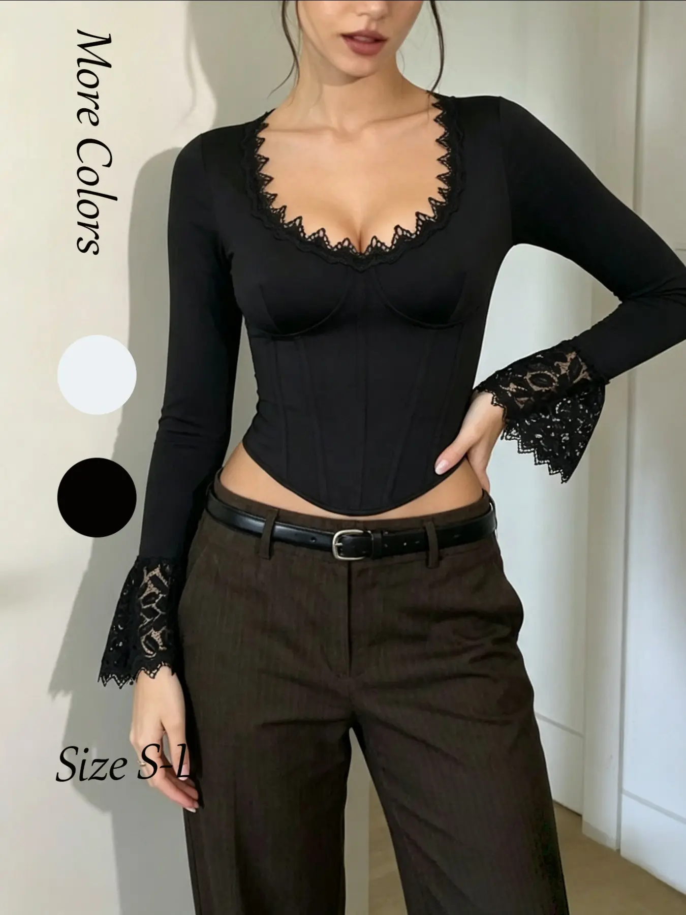 Sexy Lace Trim Bodycon Fitted Bodysuit Long Sleeve Top for Women, Bell Sleeve Plain Color Bodysuit, Fashionable and Versatile Ladies' Clothing