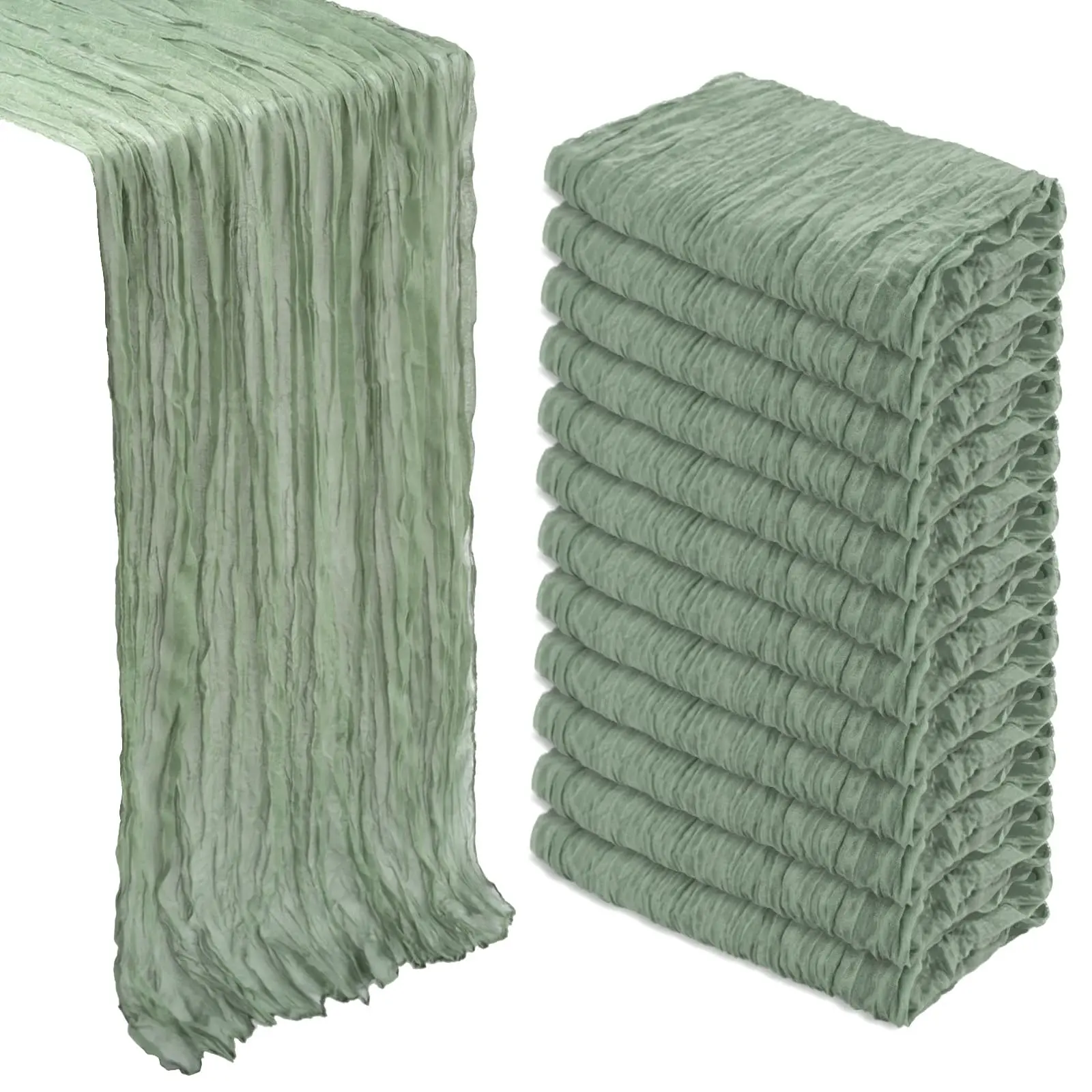 Sage Green Polyester Cheesecloth Table Runner (6/12 Pack, 17x108 in) - Semi-Sheer Boho Gauze, Pleated Look, Farmhouse Vibe, Machine Washable for Wedding, Home Decor