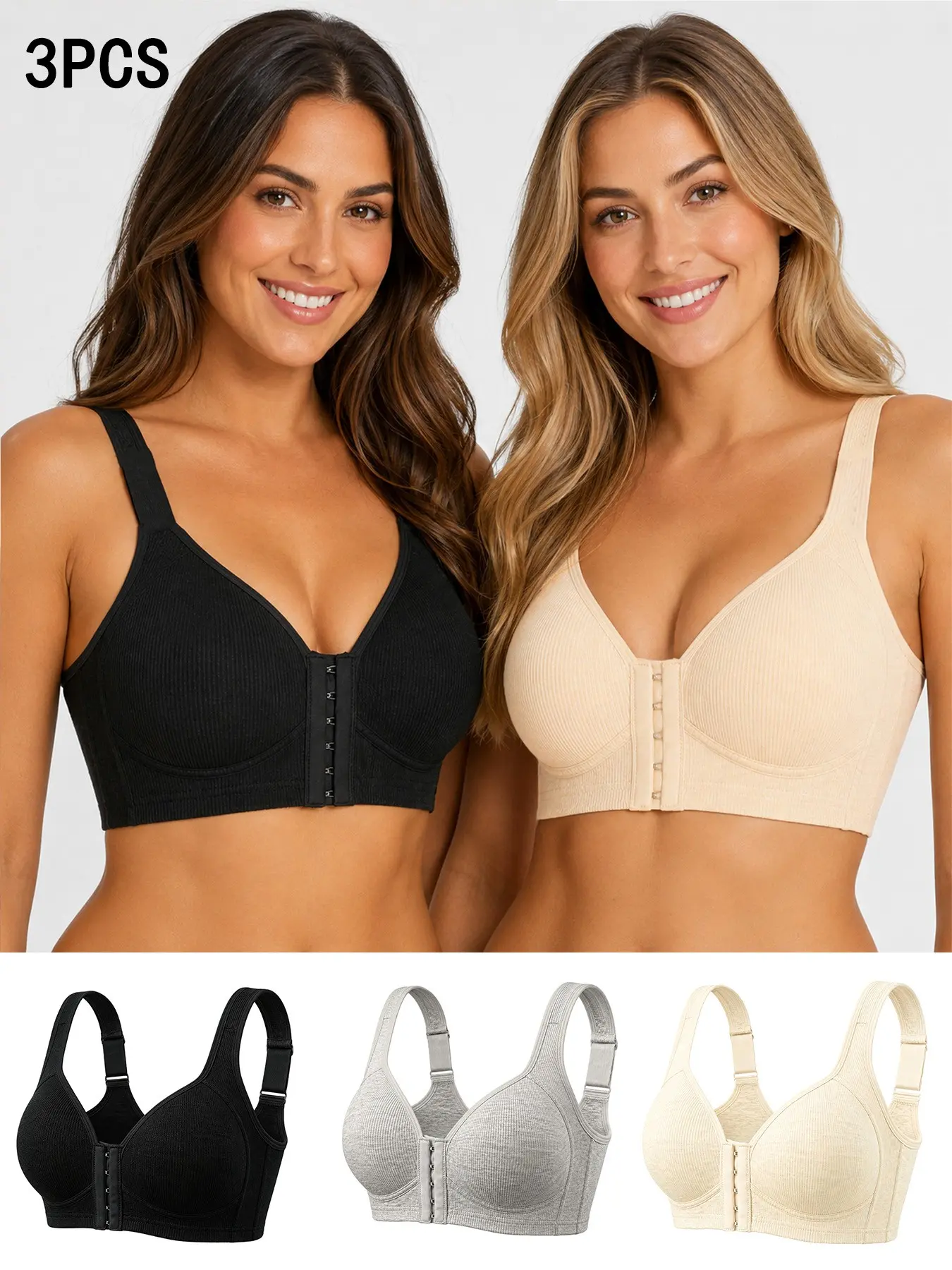 EssElegance 2/4-Pack Women's Front Closure Bra | Adjustable Easy-Hook Wirefree Bralette | Seamless Smoothing Side Support | Lightweight Breathable Comfort | Stretchy Summer Everyday Intimates | Basic Daily Wear