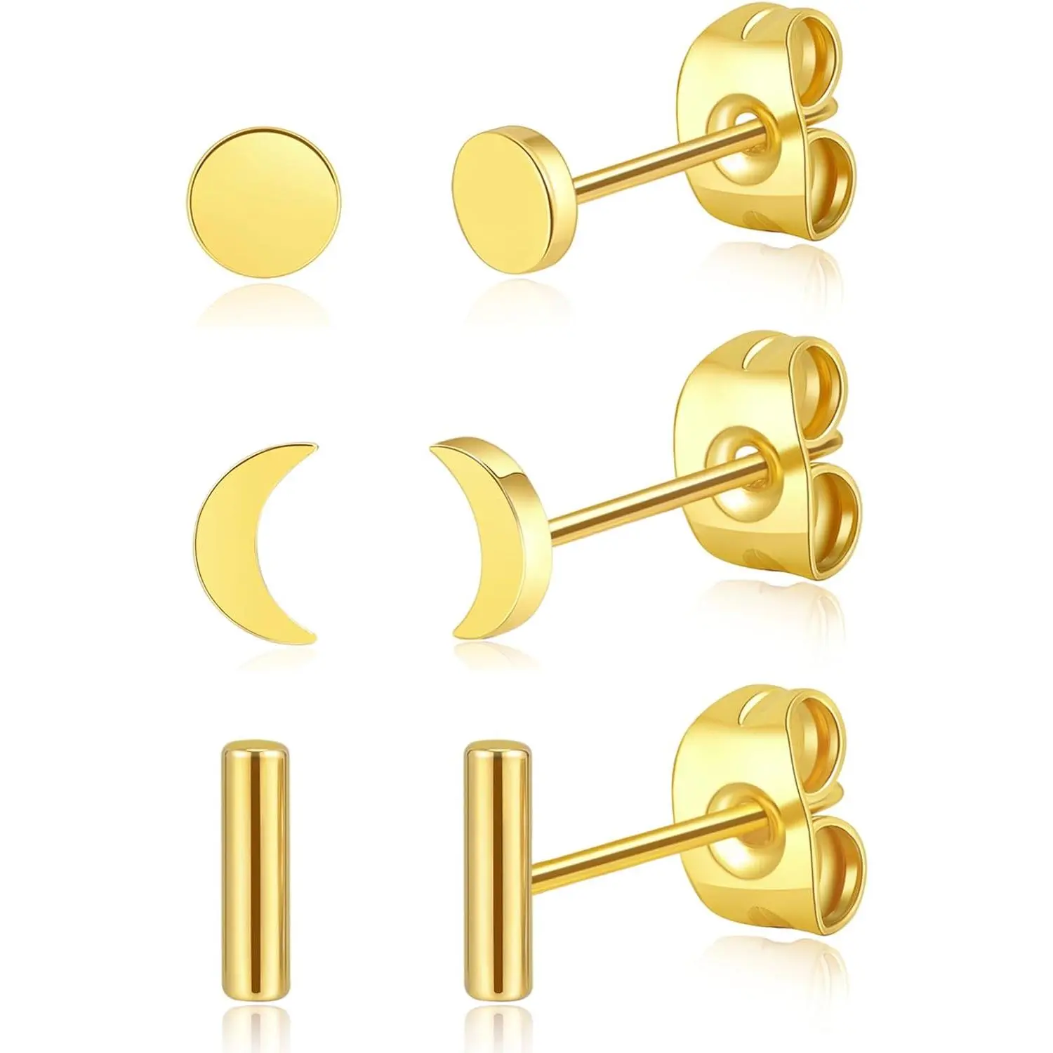 3 Pairs Titanium Gold Stud Earrings - Hypoallergenic Moon/Heart/Ball/Bar/Flat Disc Small Studs Earrings for Women Minimalist Silver Nap Earrings Tarnish Resistant Earrings, Ideal Gifts for Mom