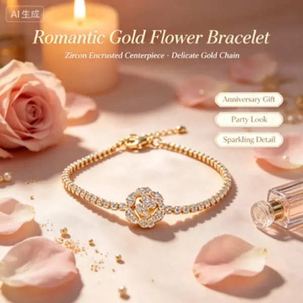 Paved Crystal Tennis Bracelet with Camellia Flower Charm, Sparkling Silver Plated Jewelry for Women, Adjustable for Wedding & Daily Wear, Adjustable Chain, Bangle