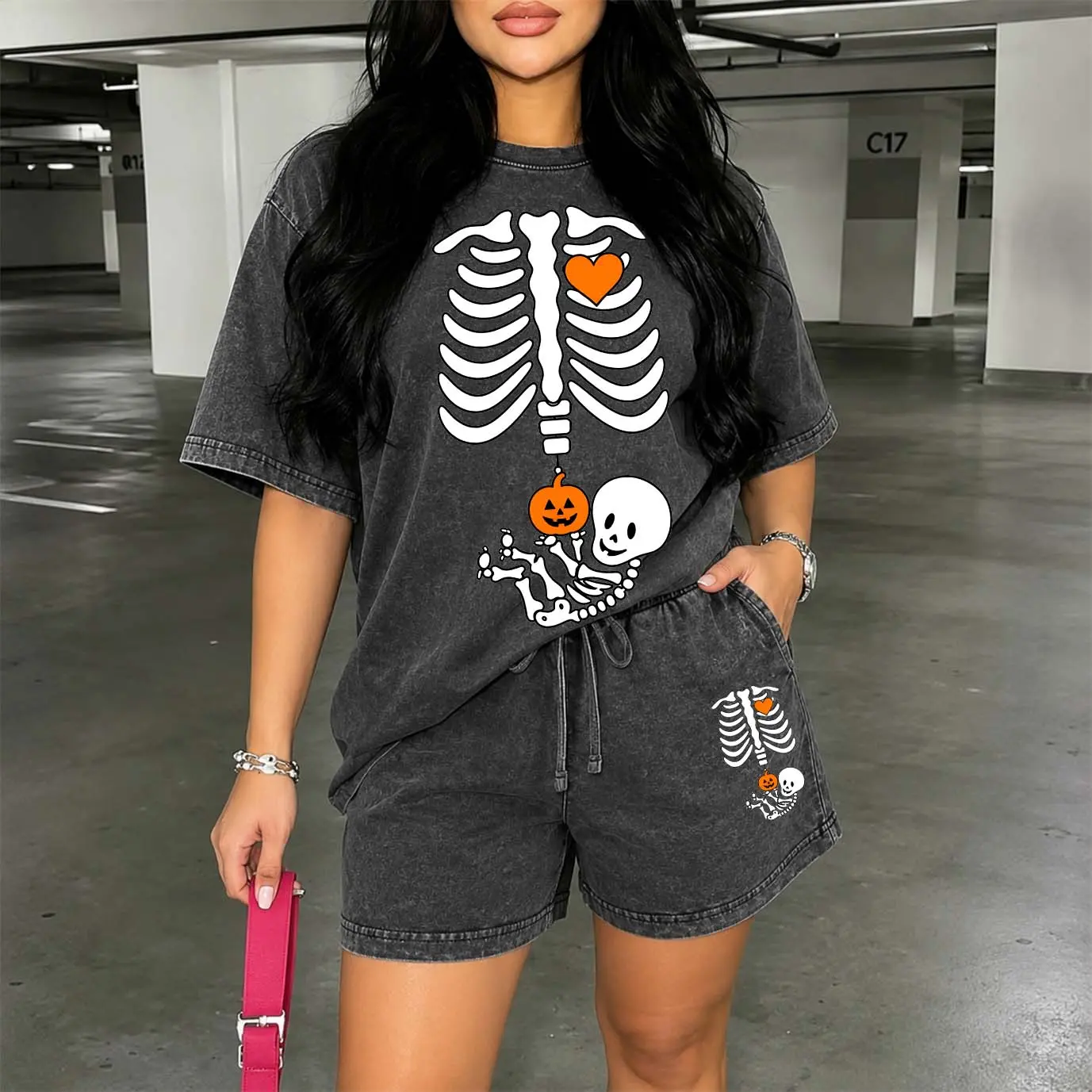 Women's Washed Cotton Shorts Two-Piece Set: A Uniquely Styled Halloween Ghost-Themed Party Outfit. Featuring White Skull And Orange Pumpkin Patterns, And Pumpkin Designs. Also Suitable As Casual Summer Loungewear.
