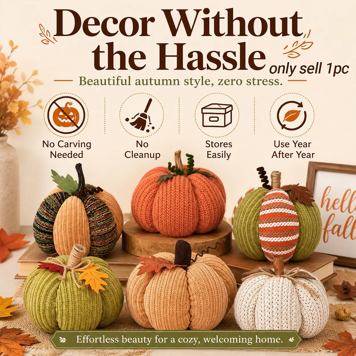 Fall Pumpkin Decor Set, Cute Handmade Crochet Knitted Pumpkins with Rustic Autumn Design, Decorative Faux Pumpkins for Thanksgiving Table Centerpiece, Halloween Party Decoration, Harvest Festival Display, Farmhouse Home Accessories,Living Room Decor