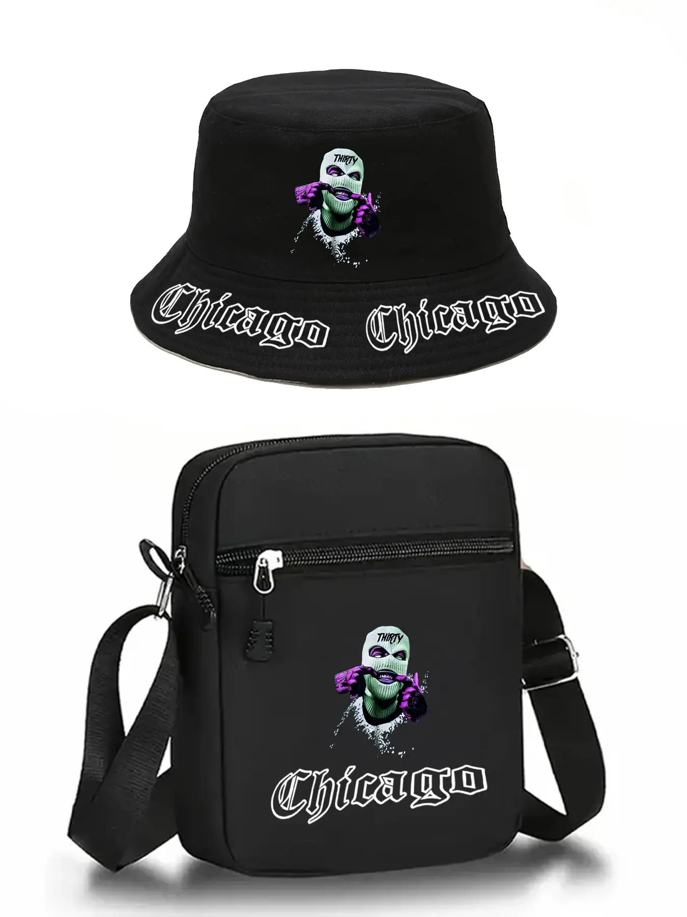 Chicago Graphic Print Fisherman Hat and Crossbody Bag Set, Adjustable Street Fashion Accessories, Ideal for Daily Wear and Gifts