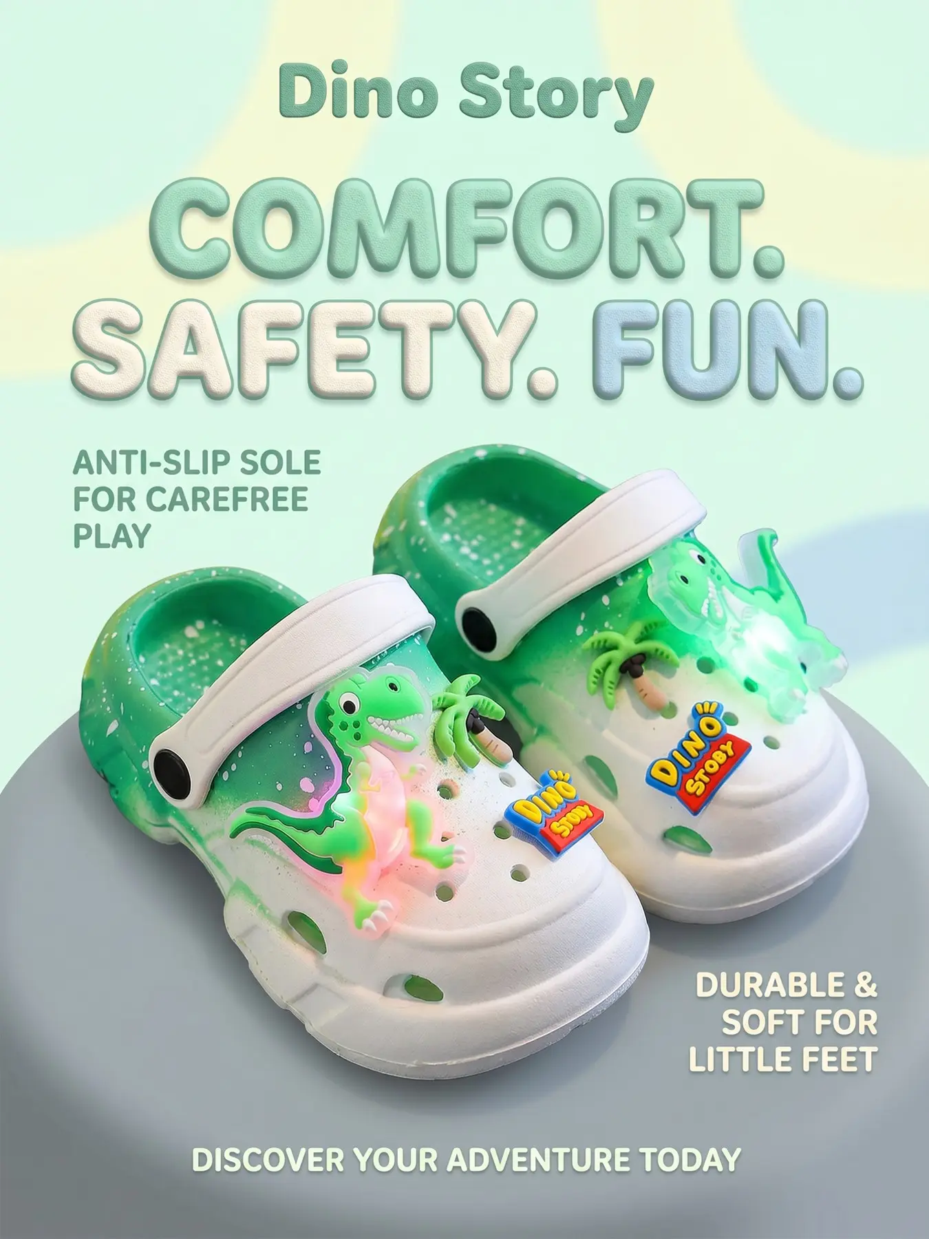 Summer Glow-In-The-Dark Dinosaur Fun Slippers, Lightweight Hollow Out Soft PVC Sandals, Cute Floral Design for Boys and Girls, EVA Slippers