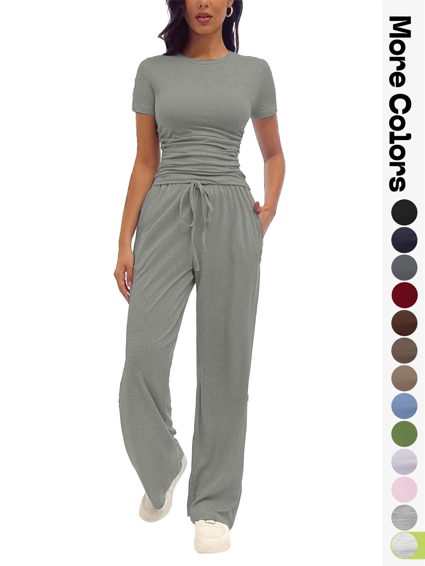 Women's Solid Round Neck Tee & Pants Loungewear Two/Six-Piece Set, Casual Pyjama Set for Women, Comfy Loungewear Set for Daily Home Wear