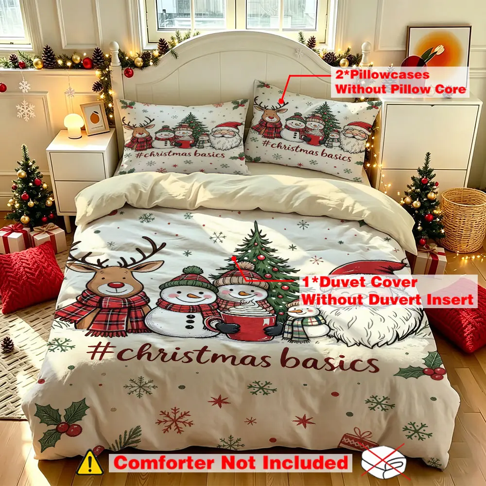 3pcs Christmas Reindeer Snowman Tree Pattern Duvet Cover Set, Includes 1 Duvet Cover & 2 Pillowcases, No Filling, Christmas Gift For Bedroom Hotel Dorm