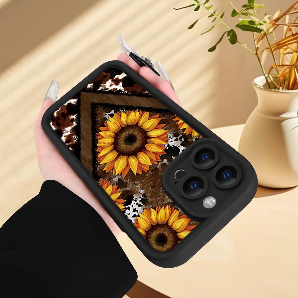 Creative - Western Leopard Print And Sunflower - for Iphone 16/15/14/13/12/11 XS XR X Plus Pro Max - Black TPU Soft Case, Provides Shockproof Protection, It Is a Good Gift for You to Give As a Gift/For Your Boyfriend Or Girlfriend/Christmas/Winter.