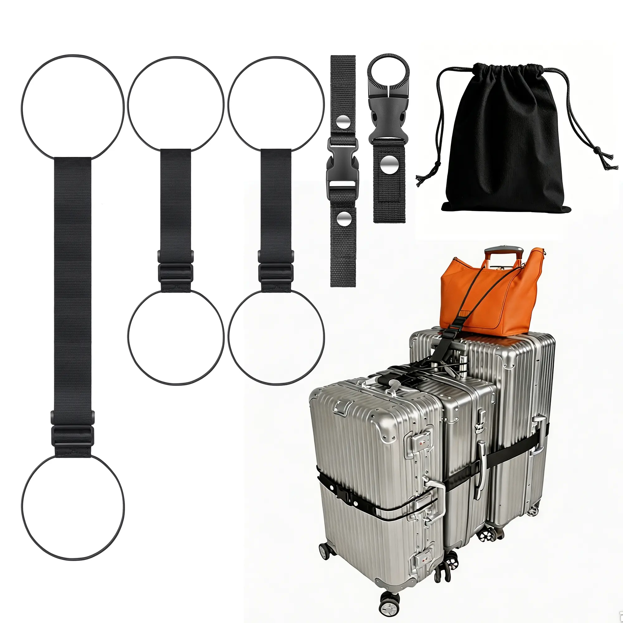 5Pack Luggage Straps for Suitcases, TSA Approved Luggage Connector Straps for Suitcases, 2 Short & 1 Long Adjustable Straps with Elastic Thick Rope, Strap Buckle and a Bottle Clip