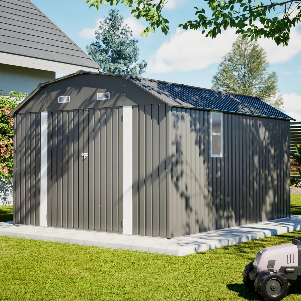 10x12 FT Gray Heavy-Duty Steel Storage Shed - Rust-Resistant Outdoor Metal Frame Tool Shed with Complete Floor Kit, Solid Panels, All-Weather Garden & Equipment Storage