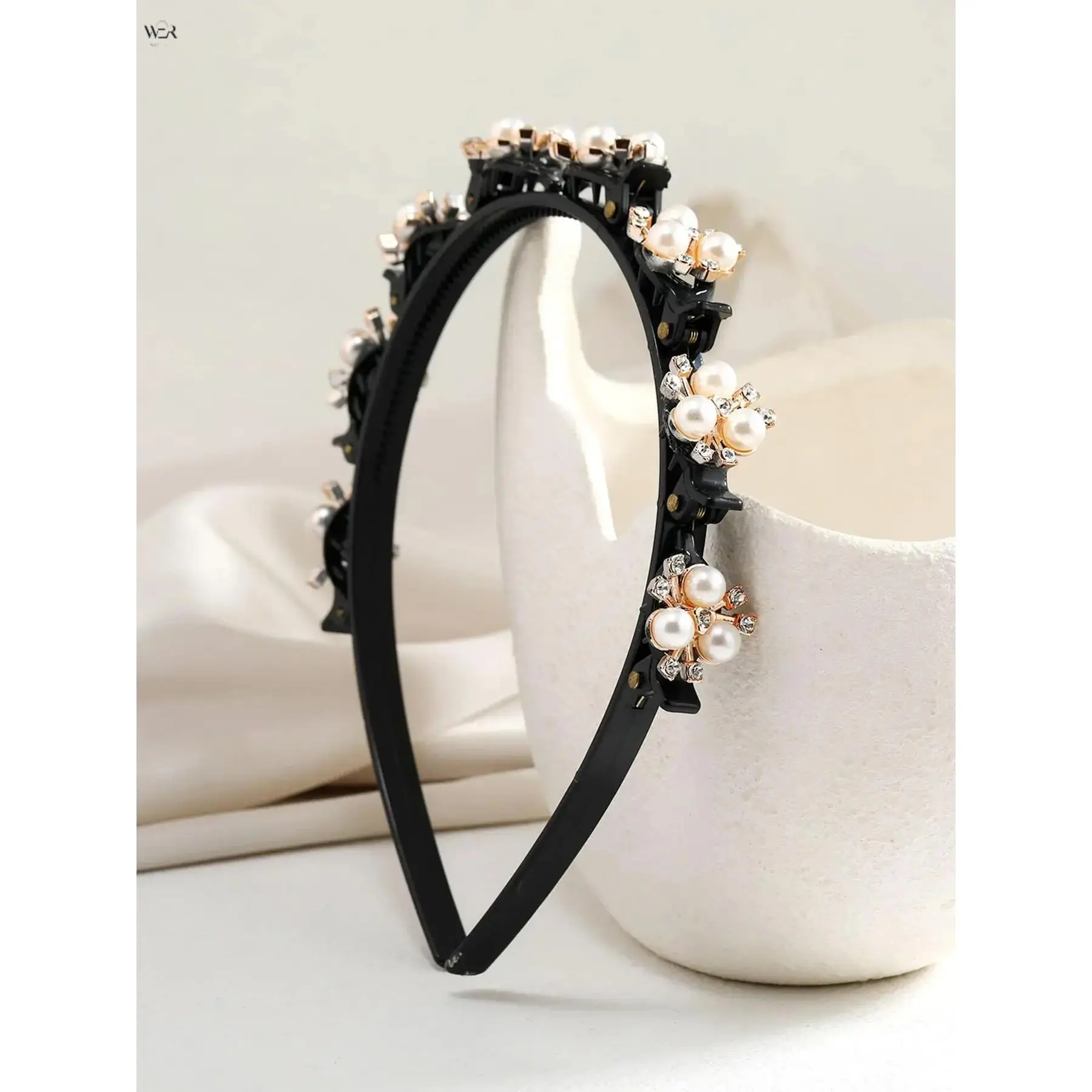 Elegant Floral Headband with Self-Twist Braid Maker Clips for Women, Romantic Faux Pearl & Rhinestone Hair Hoop for Wedding & Party Styles, Flowers, Plastic Frame, Self-Twist Clip, Braids Hairstyles, Automatic Braiding, One Size