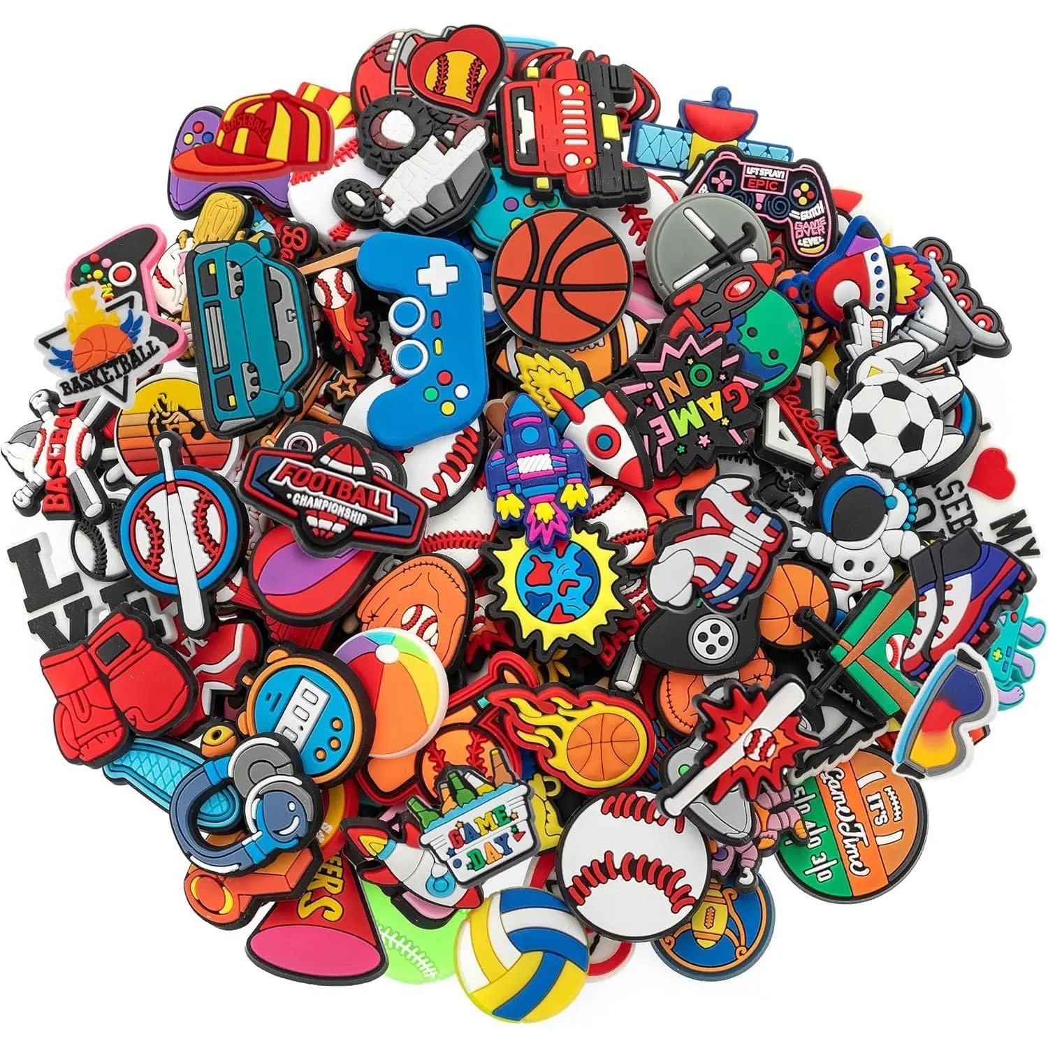 30,50,100pcs Random Shoe Charms for Boys Teens Cute Shoe Decoration Charms for Shoes Wristband Bracelet Party Favors Gifts Sports Game Astronaut Accessories