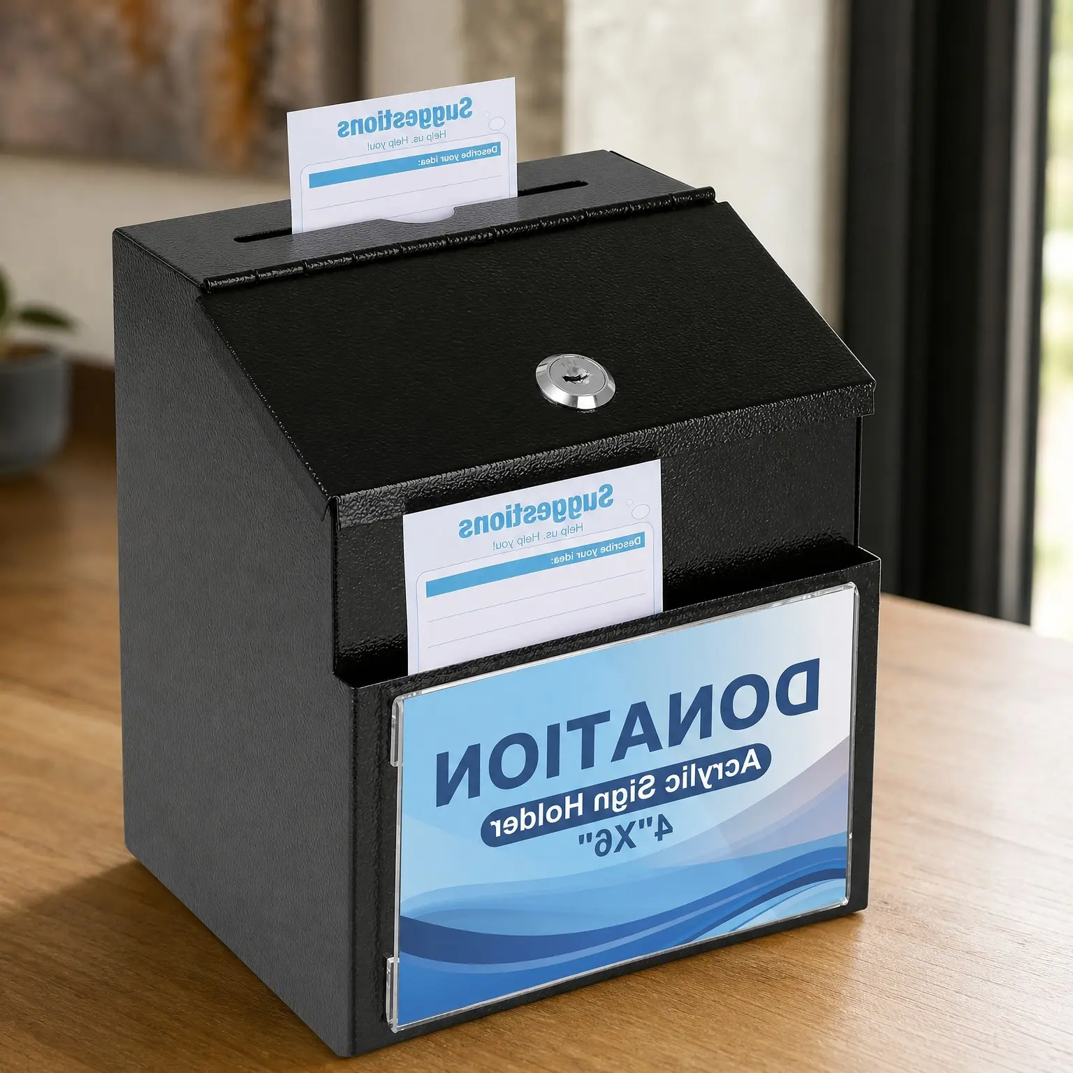 Wall-Mounted Metal Suggestion Box with Key Lock and Magnetic Acrylic Sign Holder, Black - Donation/Ballot Box with 50 Free Cards and 2 Keys, Ideal for Fundraising and Voting, 8.1'' x 7.1'' x 5.7''Gift