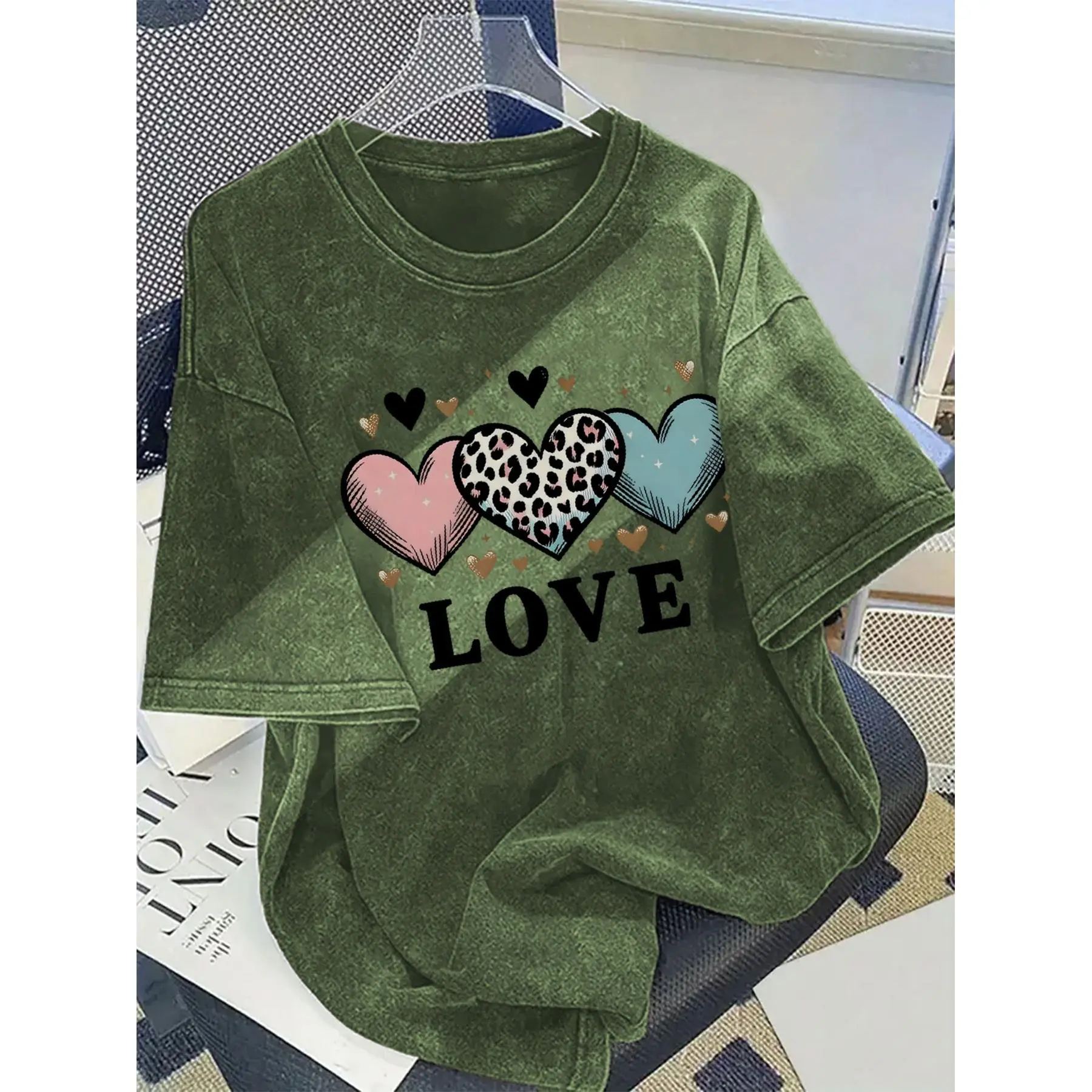 Men's Vintage Graphic T-Shirt with Leopard Heart LOVE Print, Loose Fit Short Sleeve Crewneck Top in 100% Cotton, Tops, Shortsleeve, Menswear, Vintage Graphic Tees