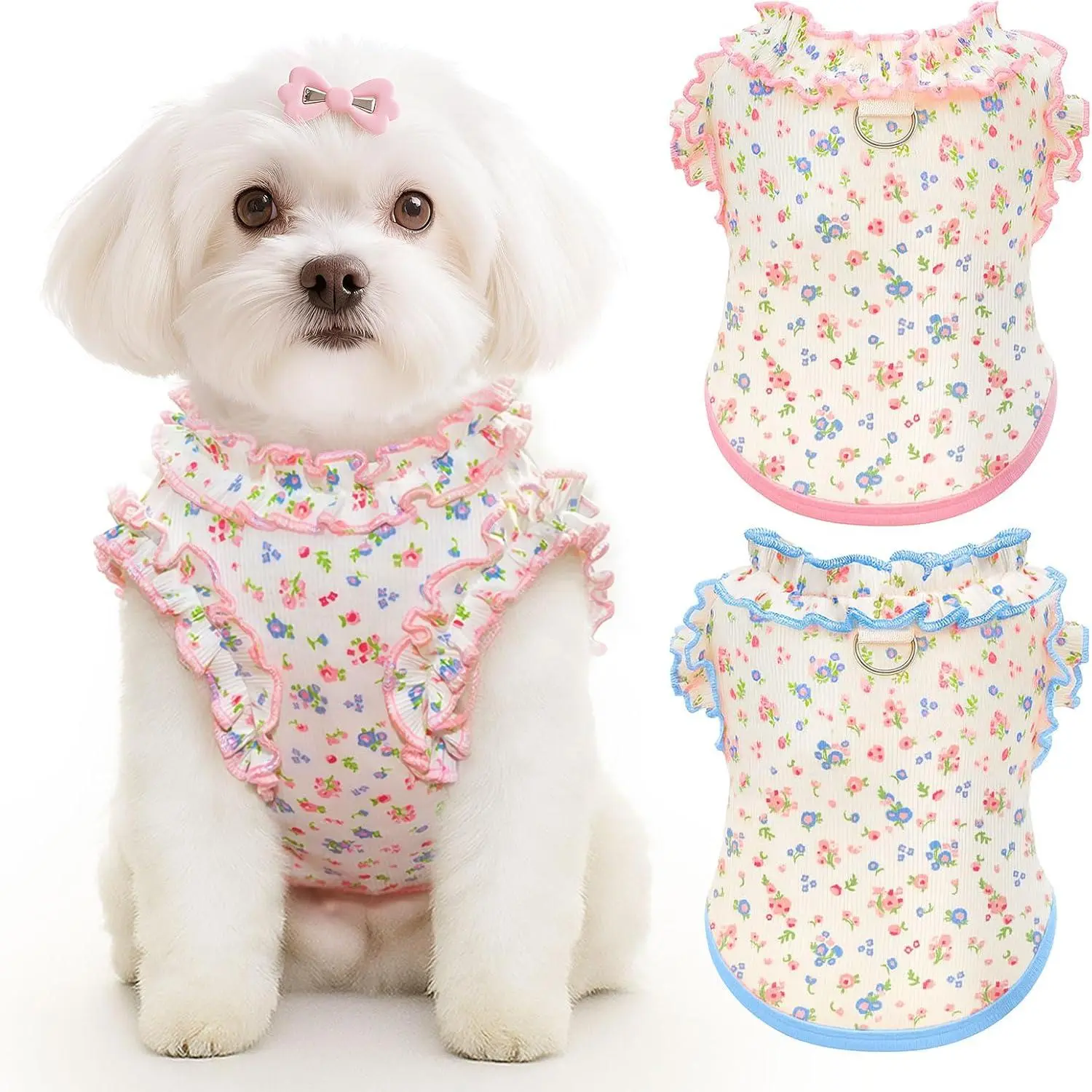 2 Pack Dog Shirt for Small Dogs Breathable Summer Clothes with Ruffled Sleeves Dog Tshirt Stretchy Pet Tee for Puppies Sphynx Cats Kitten Frenchie Dachshund(Pink&Blue,Small)