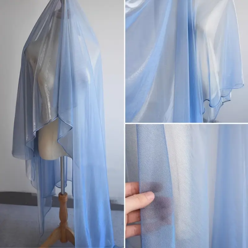 Sky blue two-tone iridescent laser holographic sheer tulle fabric; lightweight, soft, breathable shimmering mesh textile for prom dresses, wedding arch draping, photoshoot backgrounds, and handmade DIY sewing projects