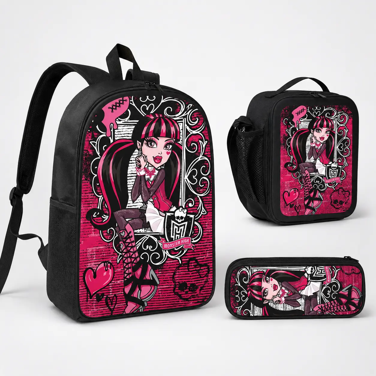 Monster High Character Art Backpack, Polyester 17-in Laptop Fit School Backpack for Teens, Padded Straps, Mesh Side Pockets, Black Pink (Gym Bag for Sports & Outdoor Use)