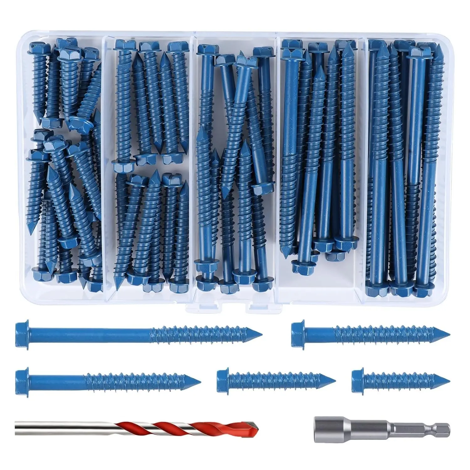 1/4" Hex Head Concrete Screws Anchor Kit (60 PCS Blue) – Multi-Size Masonry Fastener for Cement, Block, Brick or Stucco, Construction Use