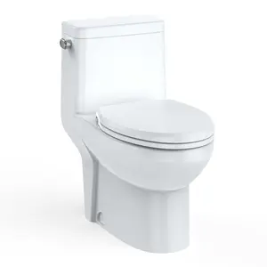 Commercial Elongated 1-Piece Toilet, Dual Top Siphon Flush (0.8/1.28 GPF), Water-Saving, Soft-Close V-Shaped Seat, Comfort Height, Modern cUPC White Ceramic, Easy-Clean Bathroom Fixture