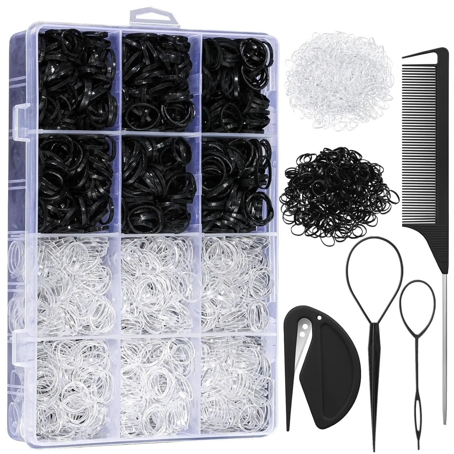 12-Grid Elastic Hair Ties Set, Hairstyling Tool Kit, Hair Tools for Styling, Transparent Hair Bands, Rubber Band Cutter, Organizer Box, Hair Accessories