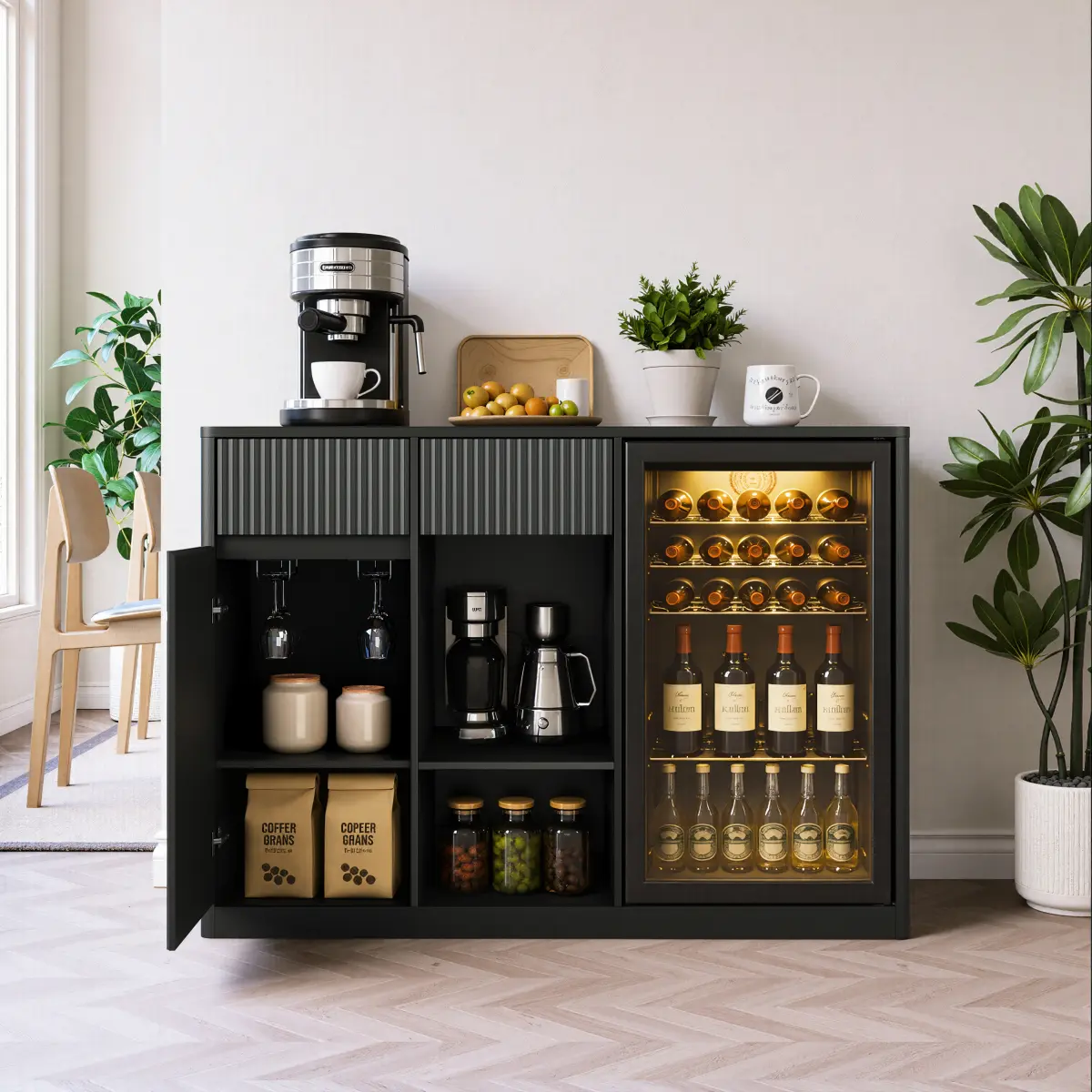  [Bellemave] 51" Fluted Bar Cabinet with Fridge Space (Fridge Not Included), Modern Coffee Station with Charging Hub & Wine Glass Rack, Buffet Sideboard for Home Beverage & Liquor Storage