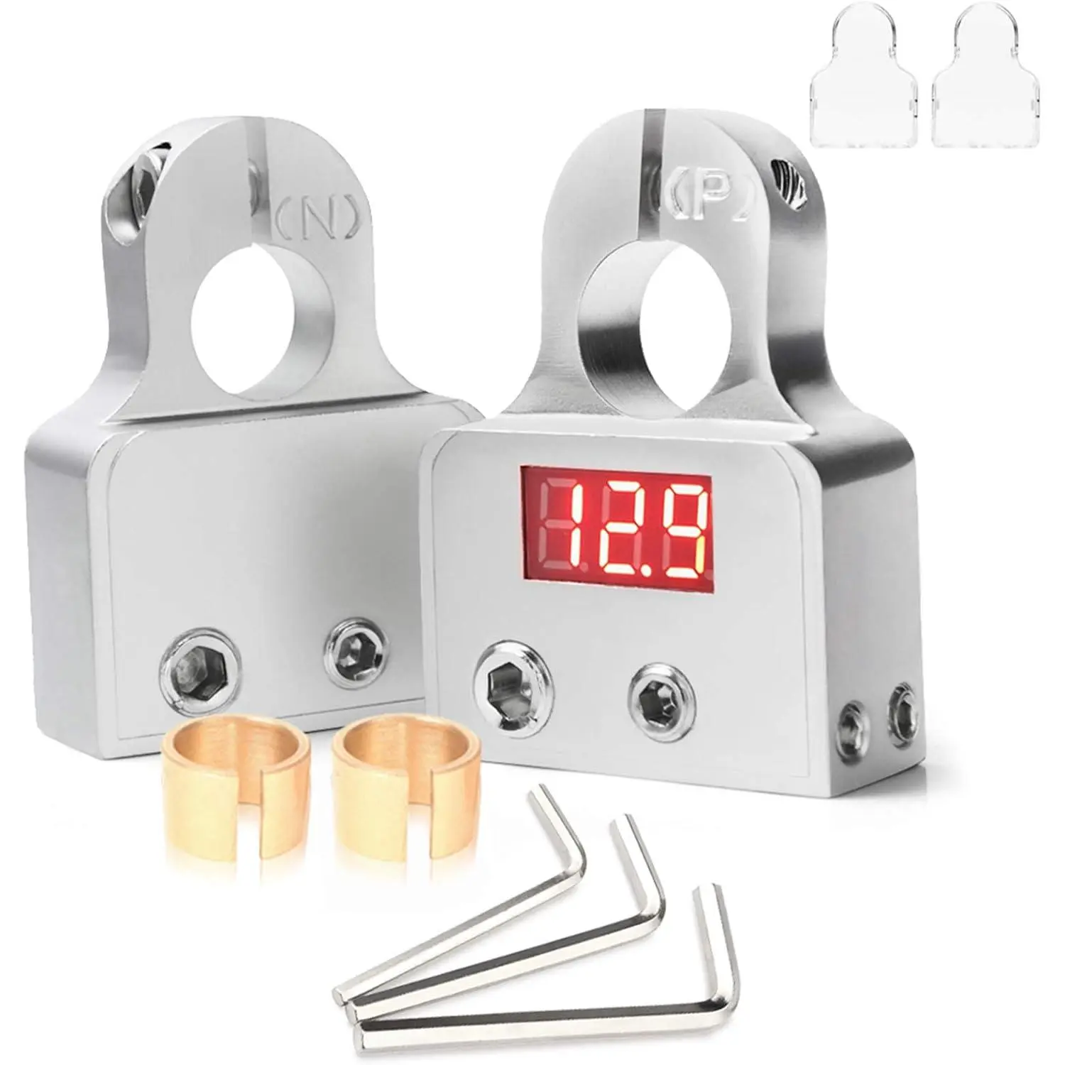 GJANSH Car Battery Terminal Connectors with Voltmeter - 0/4/8 AWG Positive Negative Battery Post Clamp and Shims for Car Auto Caravan Marine Boat Motorhome (1 Pair)
