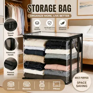 Large transparent thick plastic storage box, can store quilts, bedding storage, with hinged lid, household, moving, attic use, heavy-duty durable large-capacity storage box