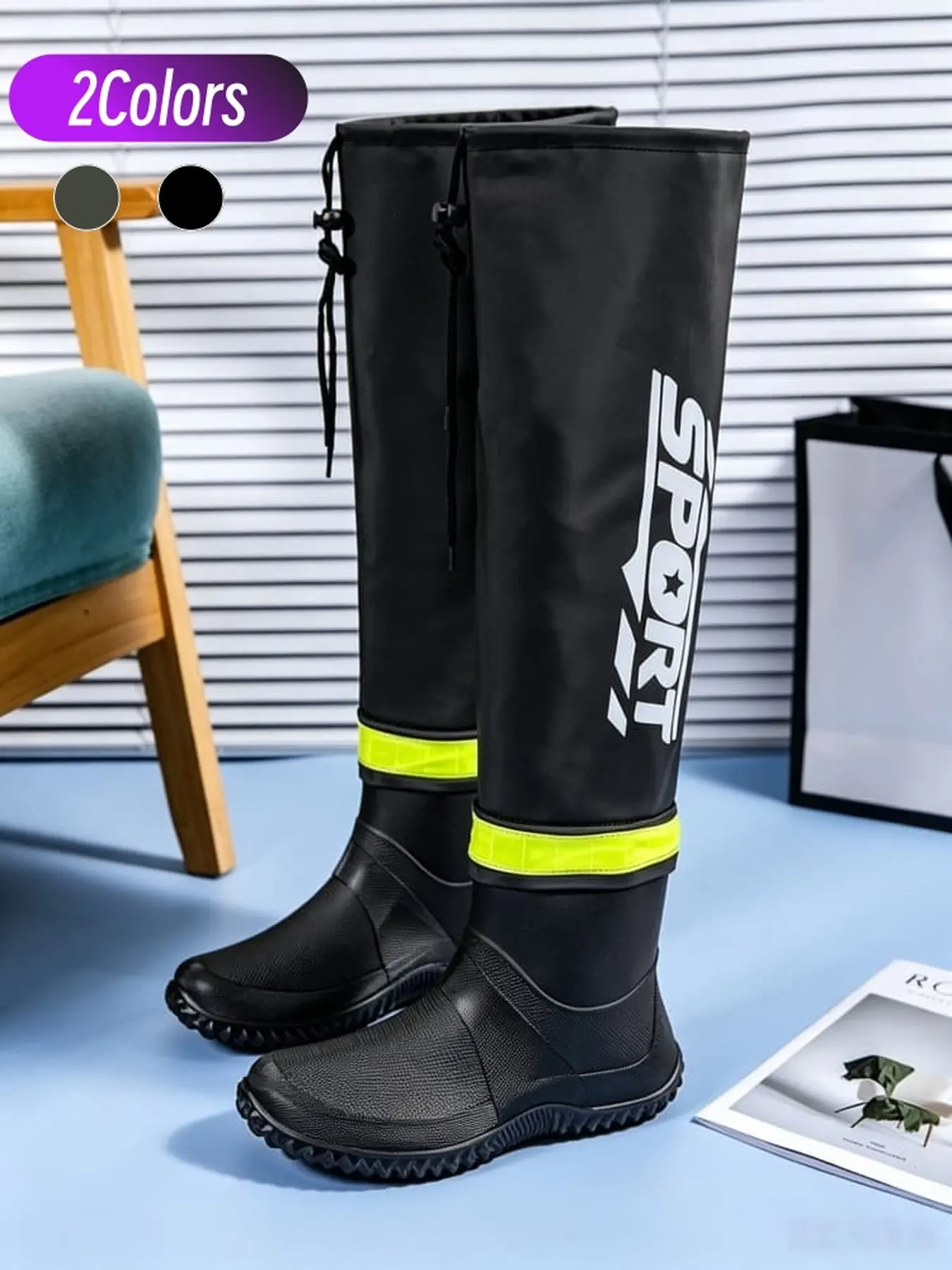 1 Pair Men Tall Drawstring Rain Boots, reflective strip anti-slip rubber sole waterproof boots for fishing wading
