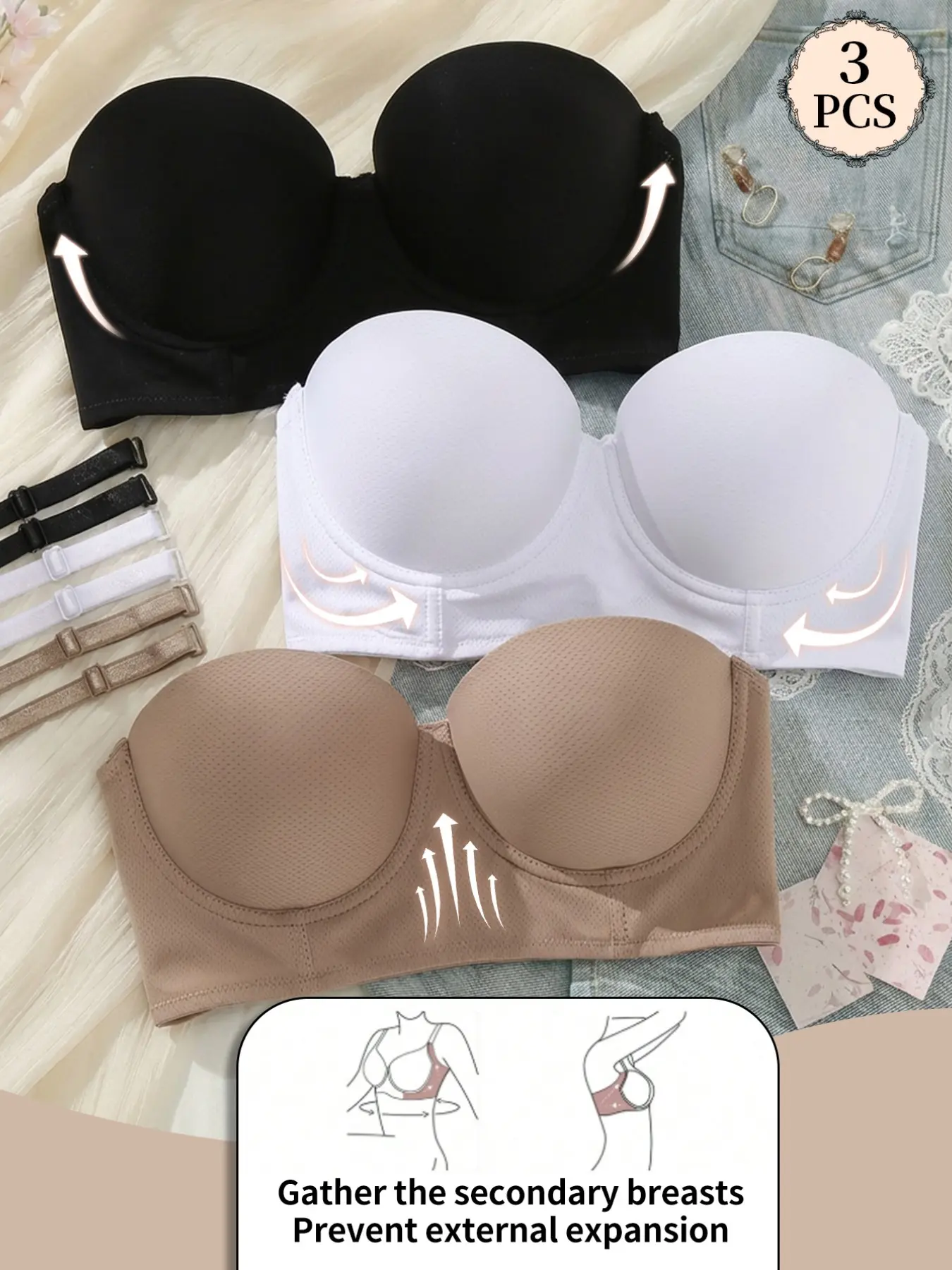 3PCSWomen Breathable Perforated Convertible Strapless Bra, Detachable Shoulder Straps, Underwire Push Up Side Support, Longline Shaping Adjustable Thin Straps