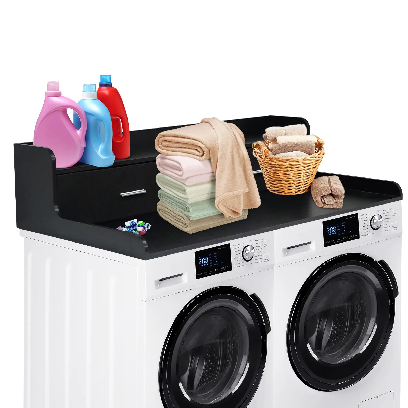 Spacious Washer Dryer Countertop Organizer - 54" x 27.55" Storage Shelf with 2 Drawers, Edge Rails & Non-Slip Pads, Waterproof Laundry Room Utility Rack, Wooden Construction