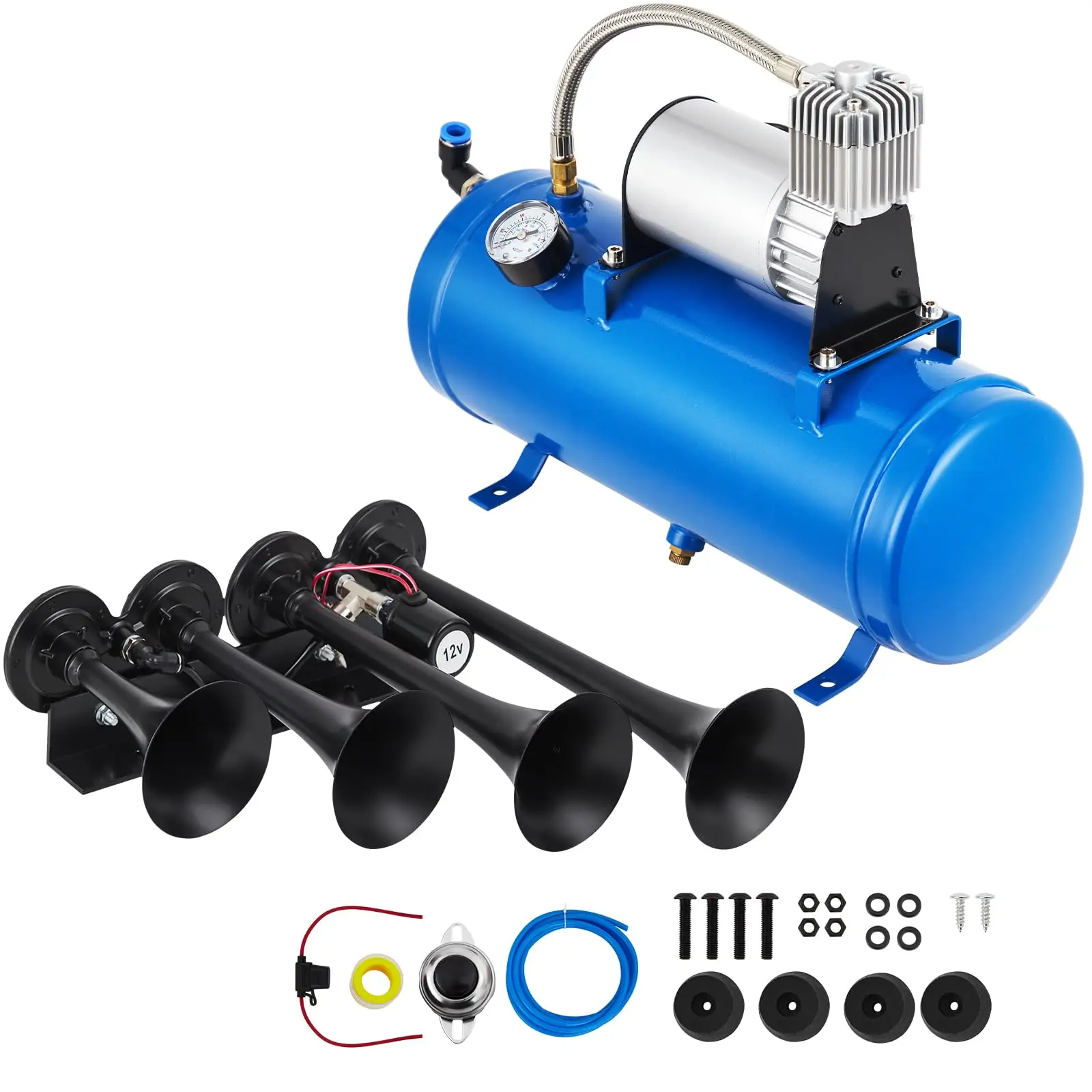 GARVEE4 Trumpets Train Horns Kit with 150DB Sound, Available with 1 or 1.6 Gallon Tank, 120-150 PSI Air Compressor, 12V Power for Trucks, Cars, Motorcycles, SUVs, RVs, Vans, Boats, and More