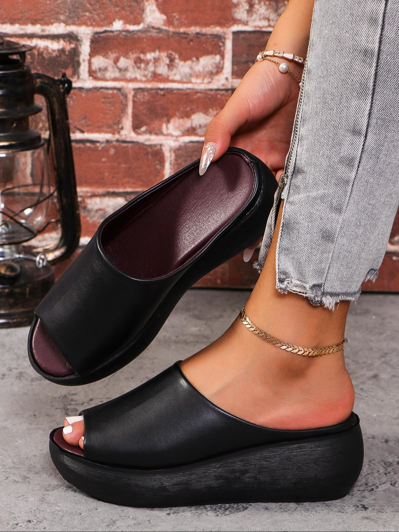 Women's Fashion Leopard Print Slip on Peep Toe  Wedge Sandals, Casual Comfortable Wedge Sandals for Summer, Female All-match Round Toe Sandals for Daily Wear, PU Leather Sandals