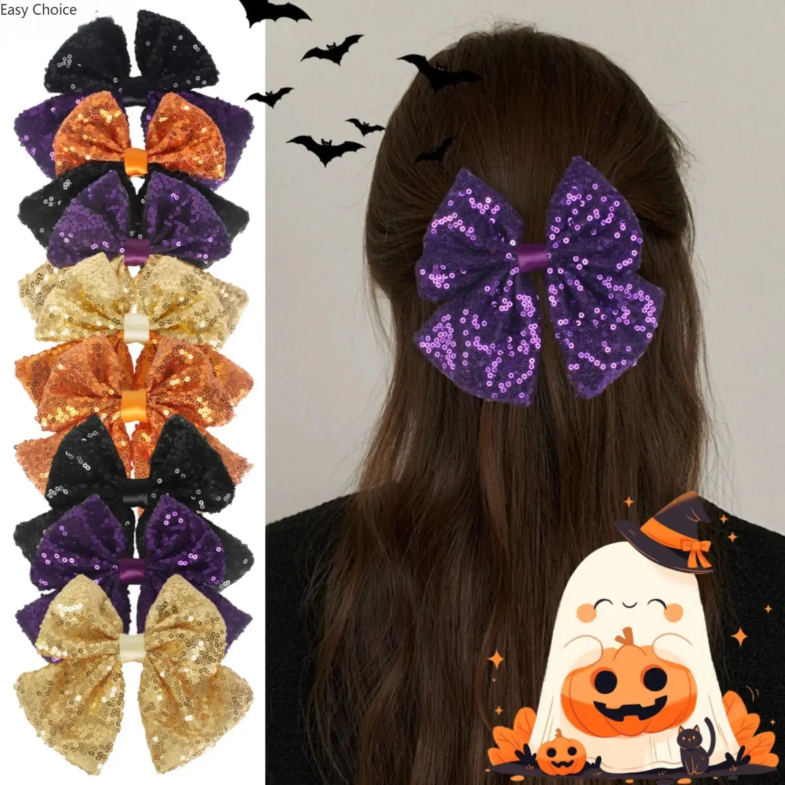 8 Pack Halloween Sequin Bow Hair Clips, Sparkly Glitter Large Bowknot Alligator Barrettes, Orange & Purple Hair Accessories, Cute Decor Clips For Cheerleading, Costume Party And Halloween Outfit Styling