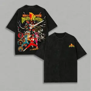 Retro Washed Black Oversized T-Shirt, Mighty Morphin Power Rangers "It's Morphin' Time!" Graphic Print, Casual Short Sleeve, Unisex Streetwear for Men & Women, Loose Fit for Outdoor & Daily Wear