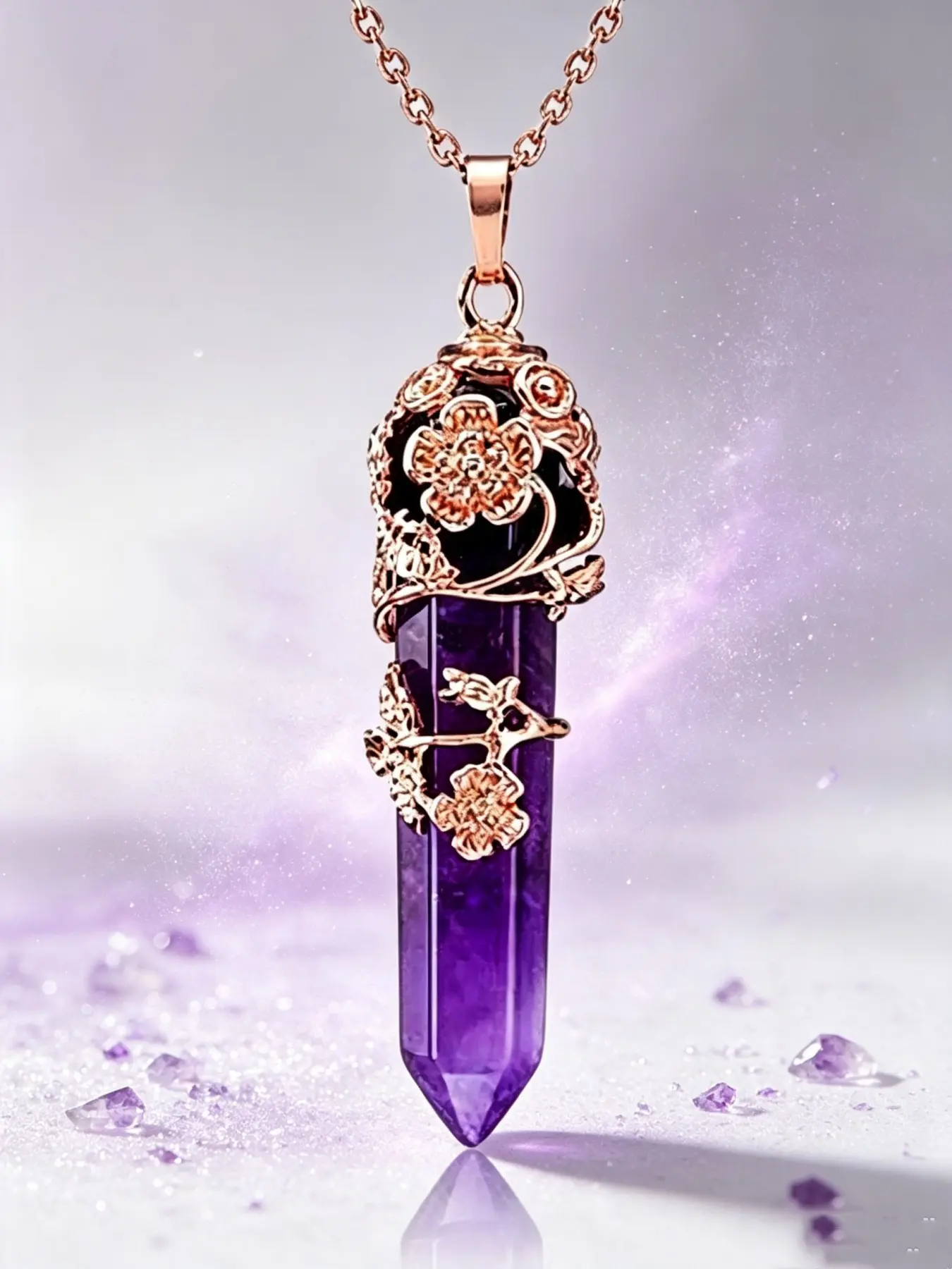 1pc Rose gold flower-shaped hexagonal natural crystal tip pendant necklace, a charming and beautiful spiritual healing amulet with floral patterns, a fantastical female spiritual jewelry, an ideal Valentine's Day gift and luxury accessory