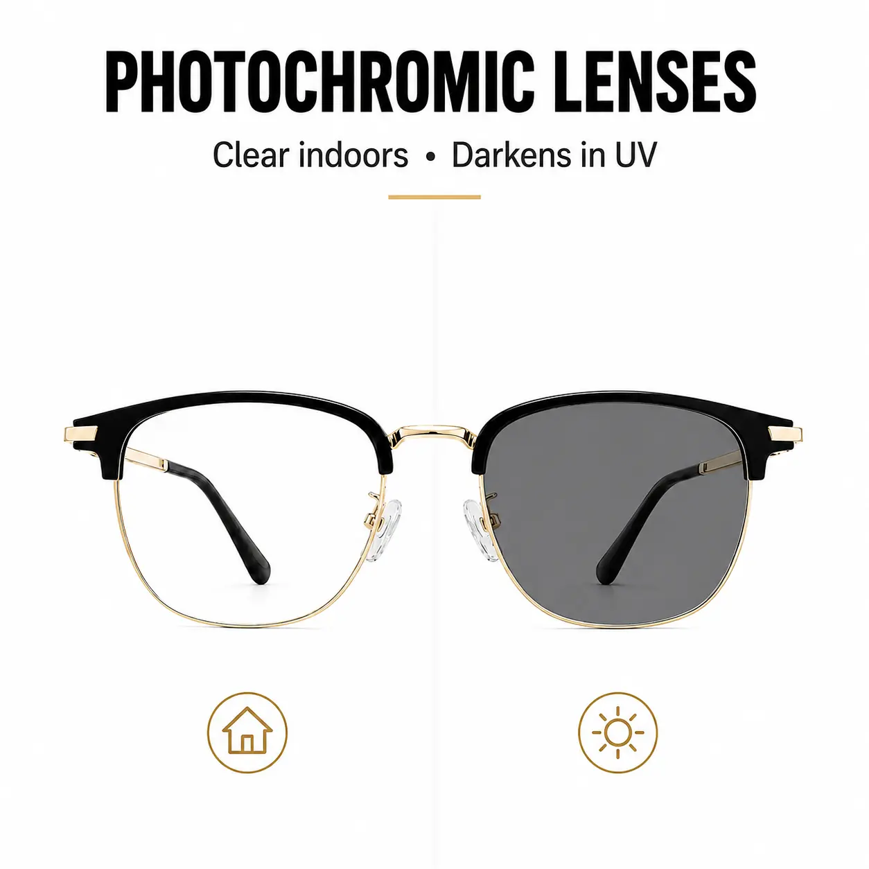 Unisex Black Gold Photochromic Glasses Semi Rimless Blue Light Blocking Eyewear, UV Adaptive Lenses Clear to Dark, Lightweight Fashion Glasses for Men Women Daily Use