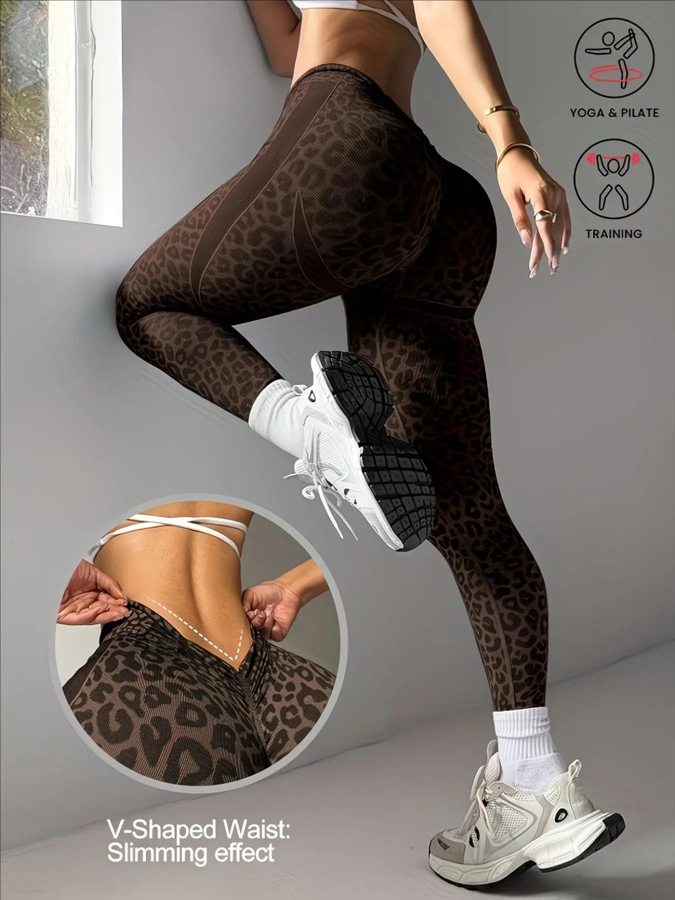 Quick-Dry Sportswear Set, Deep V Leopard Print Running Yoga Workout Leggings, Women's Leopard Print Gym Pants, Athletic Bottoms