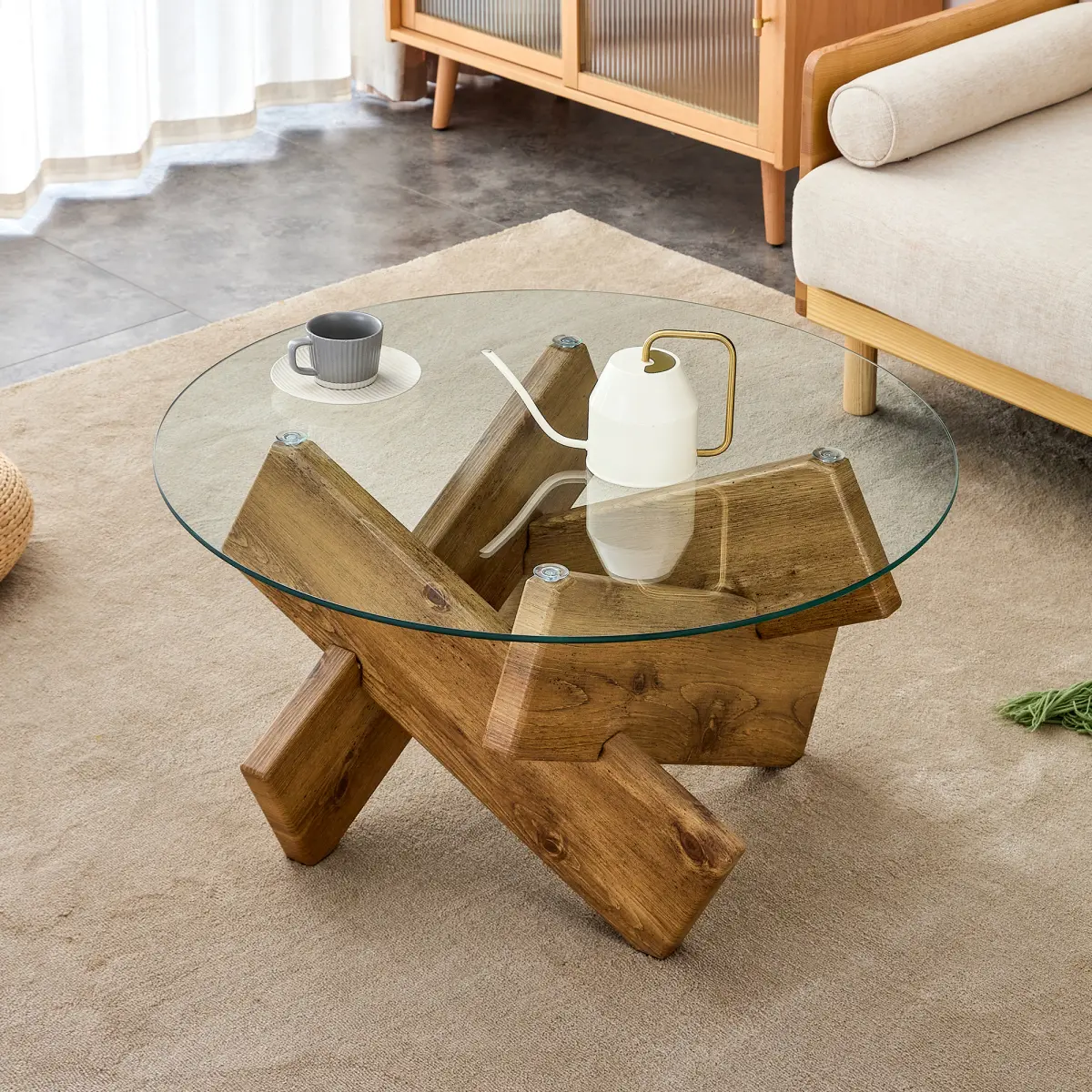 Modern Farmhouse Round Top Tempered Glass Coffee Table - 33.4-in Transparent, Wood-Colored MDF Legs, Distinctive Design, 130 lb Load-Bearing Capacity, Easy Setup with Assembly Guide for Living Rooms