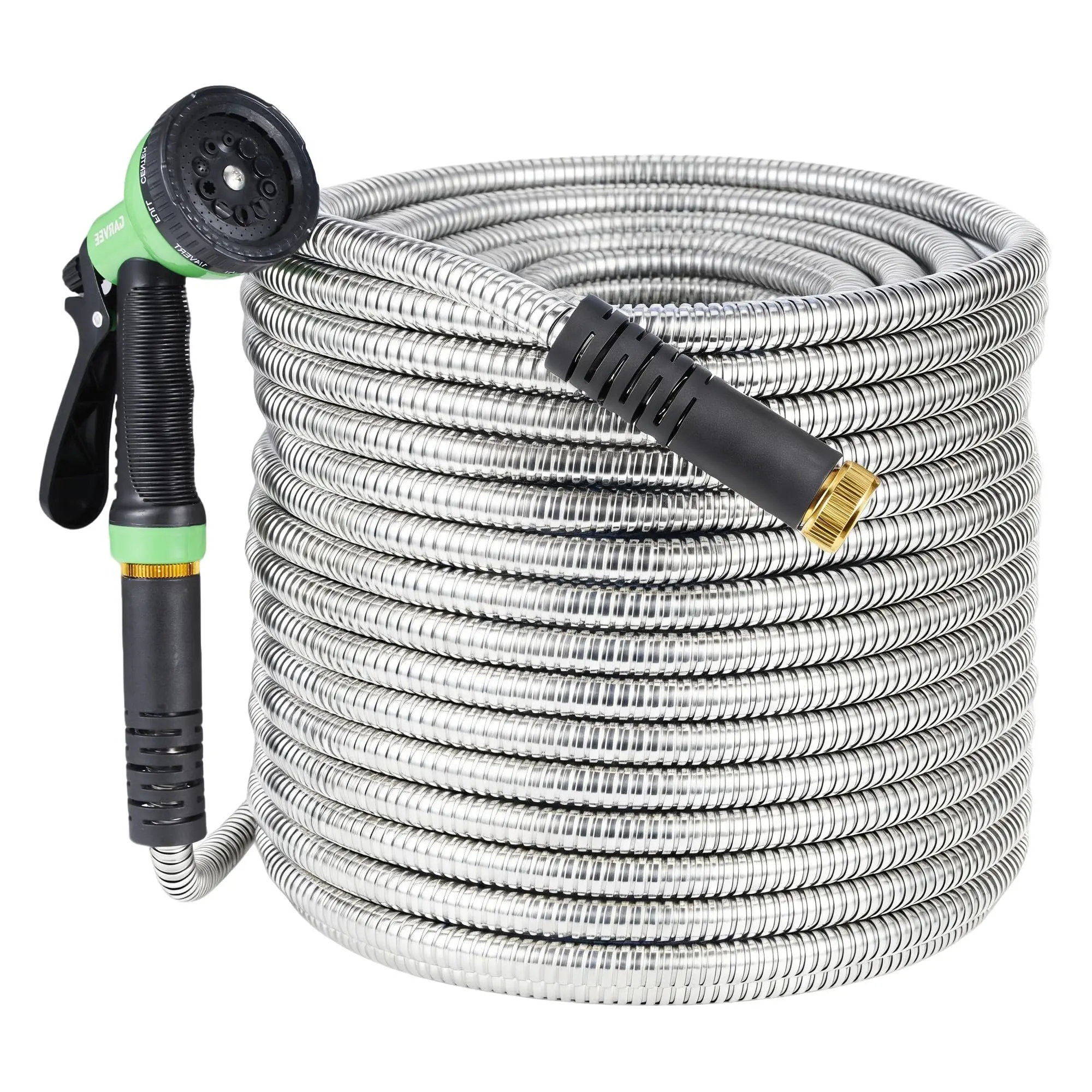 GARVEE 50 ft Stainless Steel Outdoor Garden Hose, Heavy Duty Non-Kinking Flexible Metal Hose with 10-Function Sprayer Nozzle, Non-Expandable for Uninterrupted Flow, Solid Brass 3/4'' Connectors
