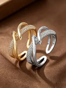 2PCS Two Tone Couple Open Ring Set, 18K Gold Plated & Silver Intertwined Twist Band, Micro Pave Cubic Zirconia Adjustable Statement Rings, Hypoallergenic Tarnish Resistant Promise Wedding Matching Jewelry Gift For Him Her