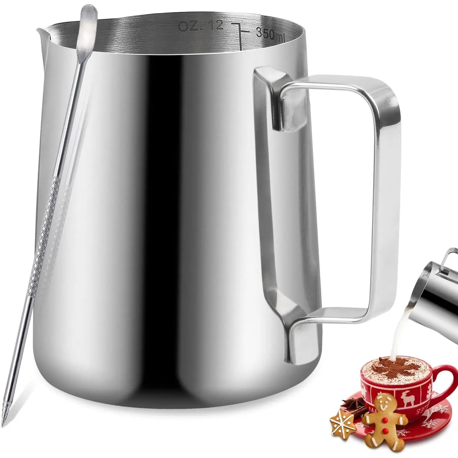 Stainless Steel Espresso Milk Frothing Pitcher - 12OZ/350ML Coffee Milk Frother Cup with Decorating Art Pen for Espresso Machine, Latte Art